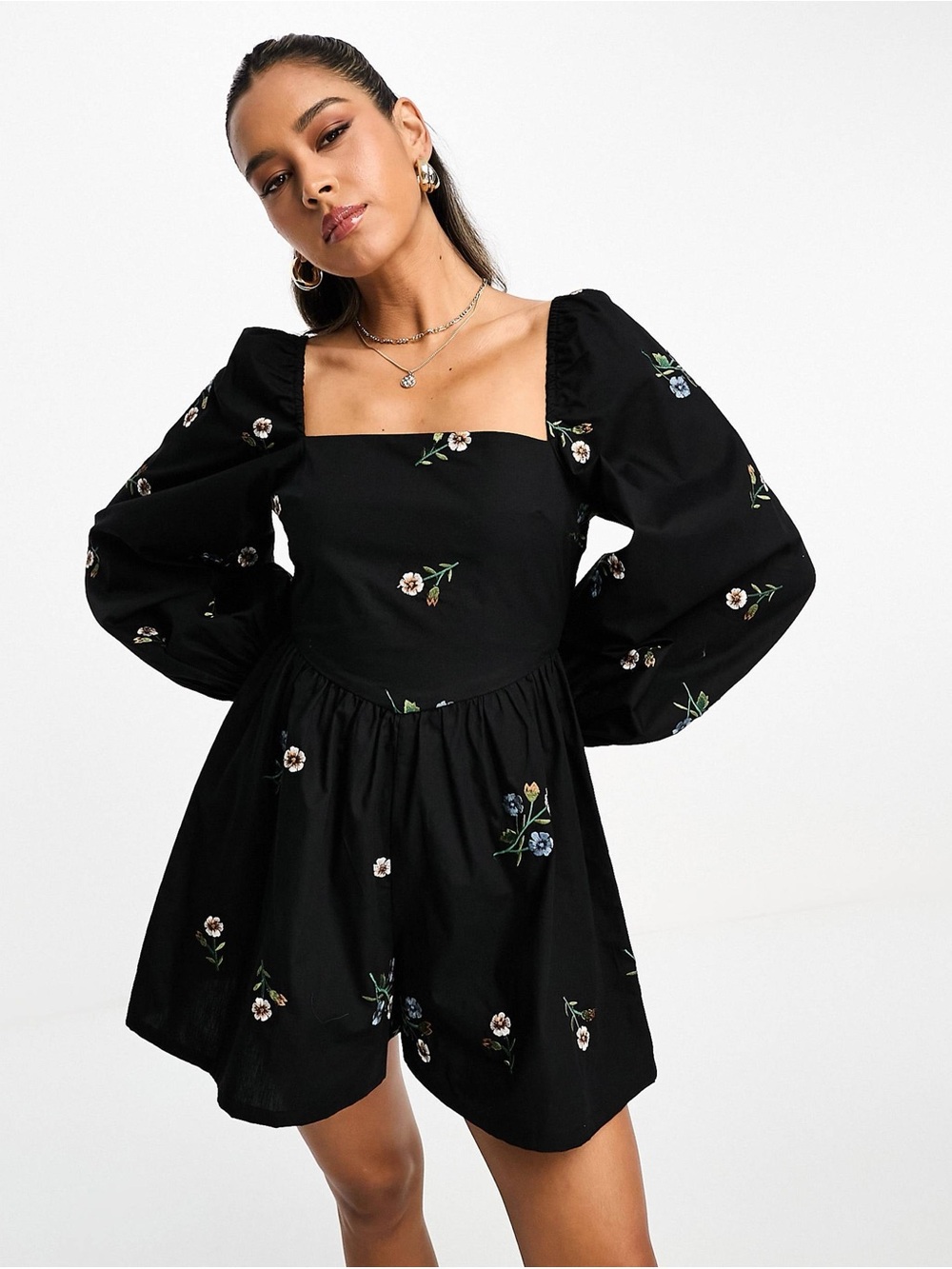 ASOS DESIGN Embroidered Square Neck Romper